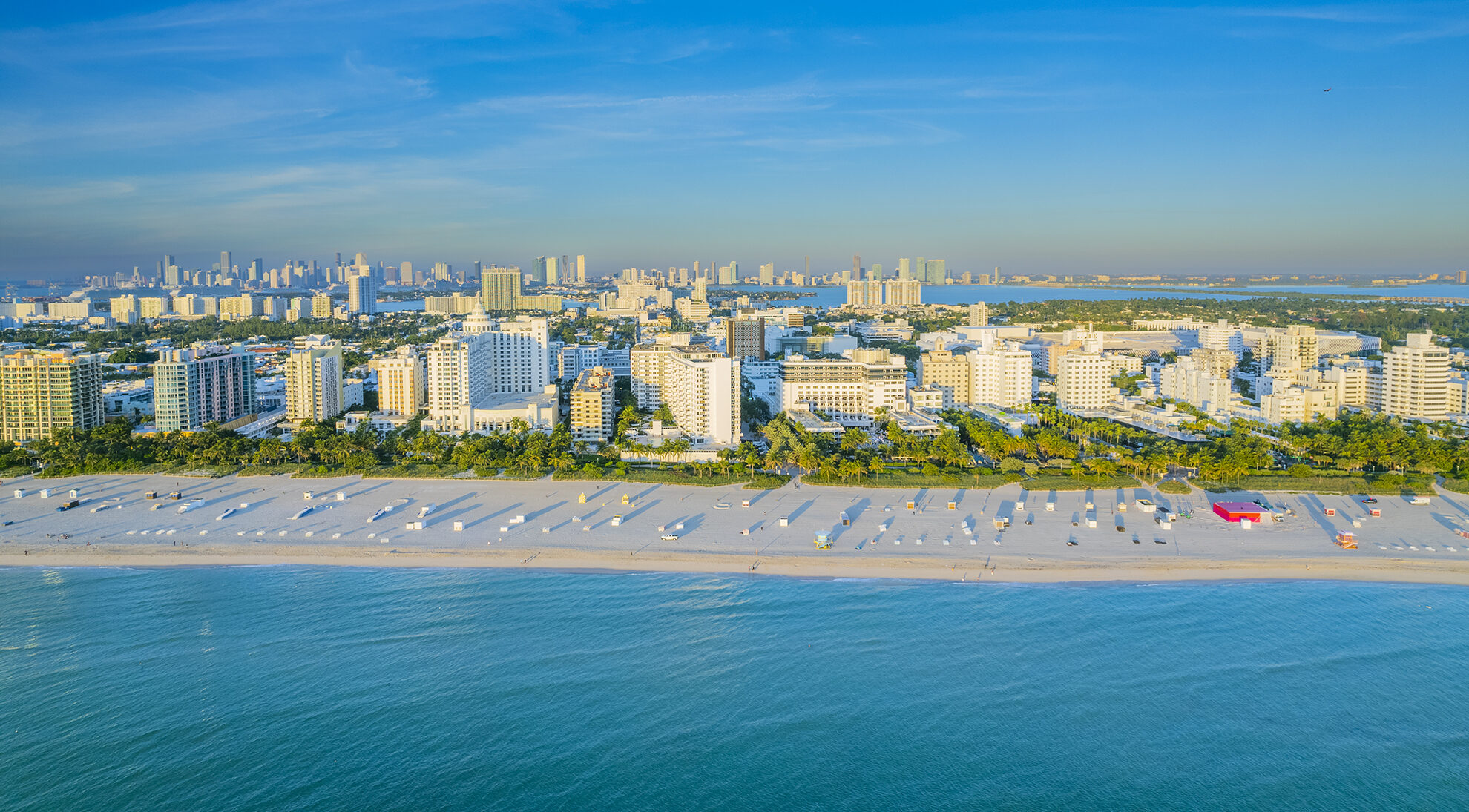 Drone Photograph of Miami Beach from the ocean at sunrise