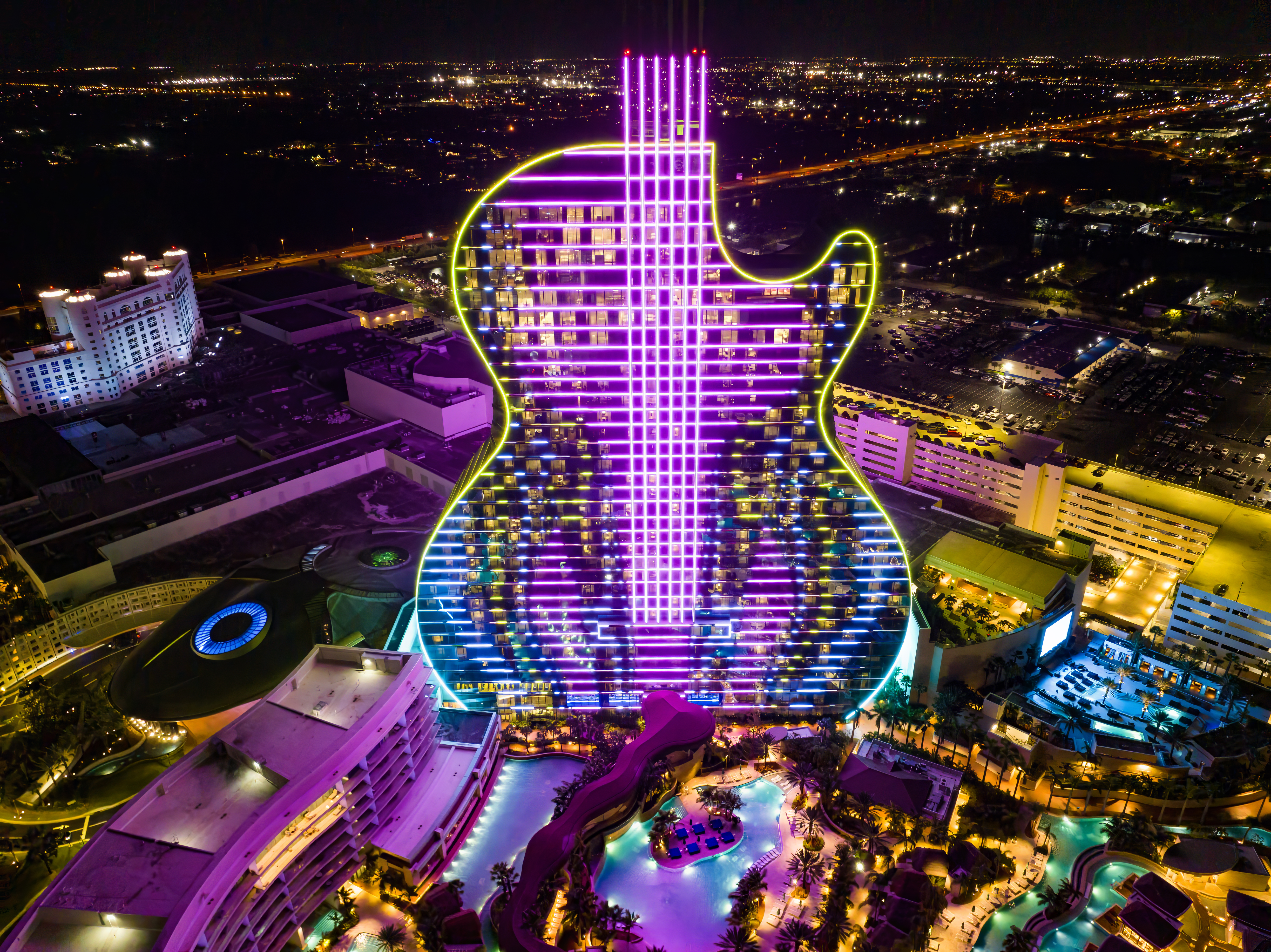 Drone Photograph of the Hard Rock Hotel and Casino in Hollywood Florida at night