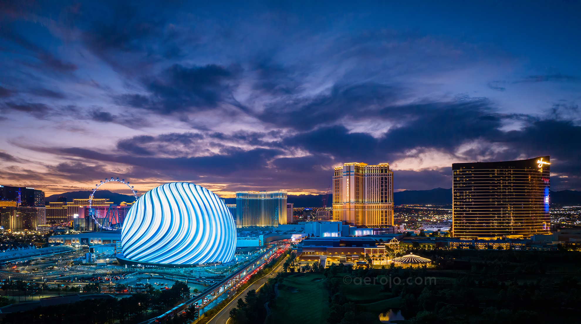 Drone photo of Las Vegas Nevada Skyline at Dusk w featuring the Sphere