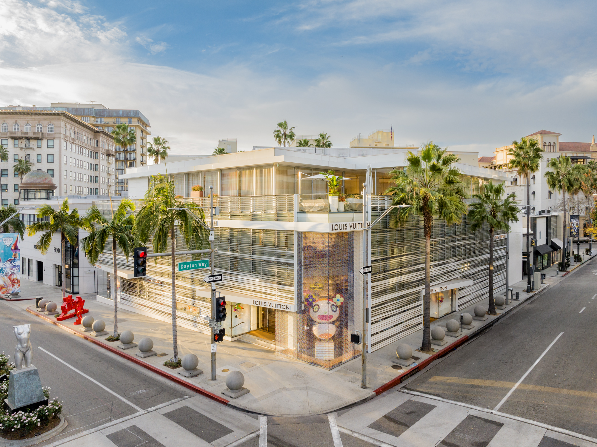 Drone photo of Louis Vuitton women's store on Rodeo Drive Beverly Hills CA featuring Murakami